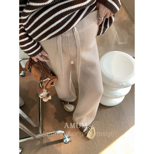 ◆AMUM孕妇装◆奶芙芙纸片人~宽松阔腿休闲裤针织白色可调直筒裤 - 图3