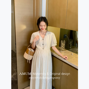 AMUM maternity wear modern holiday ~ French print polka dot lace puff sleeves V-neck slim dress