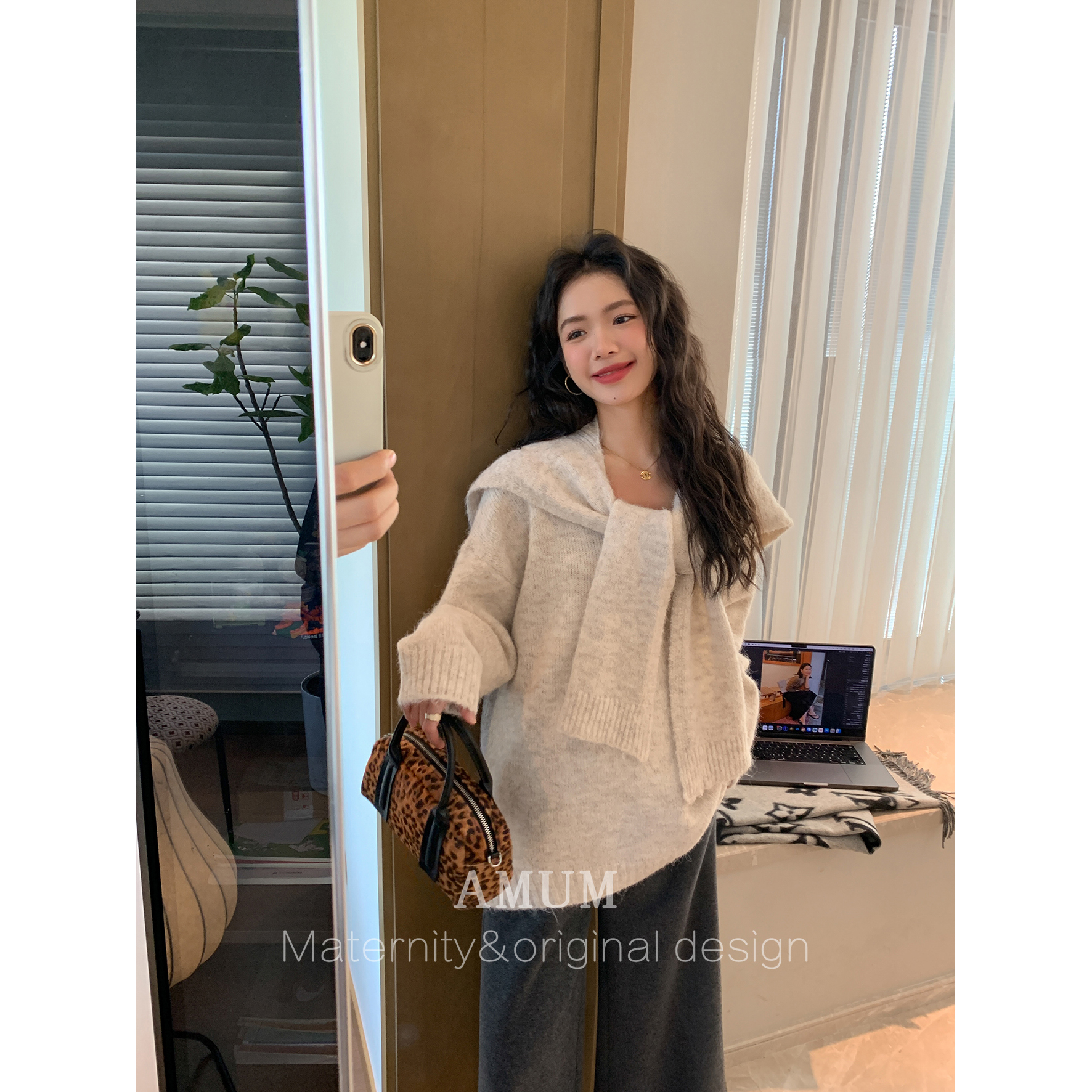 ◆AMUM孕妇装◆松弛新贵~三色老钱风针织宽松毛衣打底上衣含披肩 - 图1