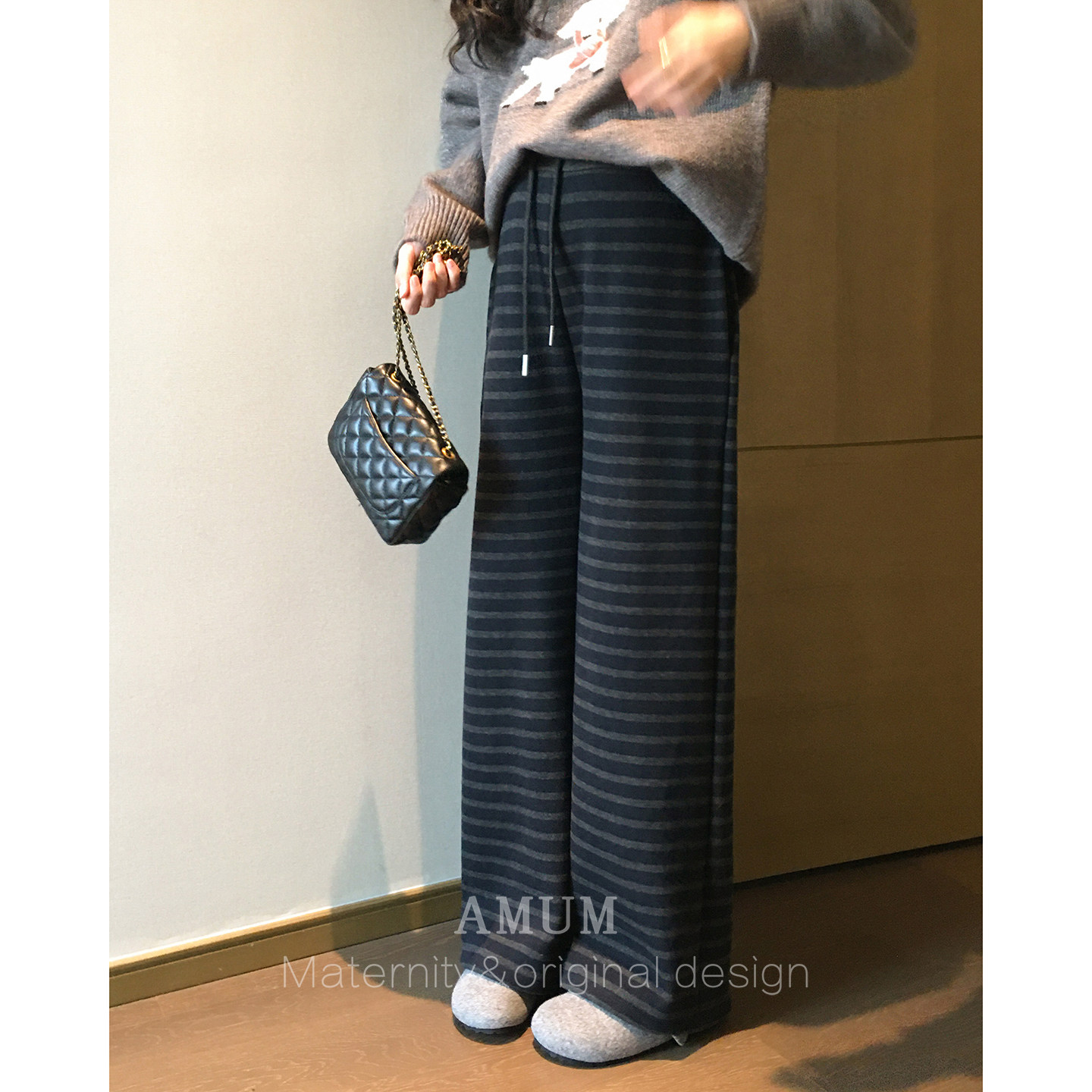 ◆AMUM孕妇装◆慵懒收藏夹~藏青条纹经典直筒加绒裤秋冬百搭裤子,淘宝优惠券,粉丝福利购,淘宝优惠卷