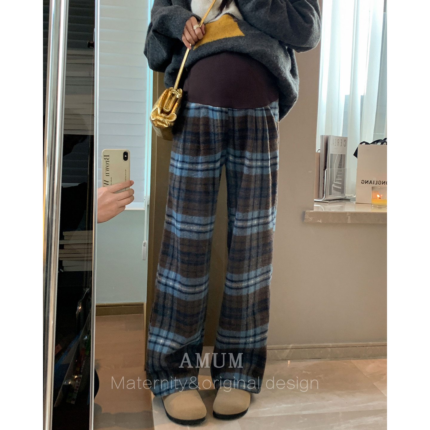 ◆AMUM孕妇装◆爱丁堡格纹~复古加绒加厚保暖休闲毛呢托腹阔腿裤,淘宝优惠券,粉丝福利购,淘宝优惠卷