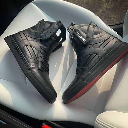 Supra Skytop2Ⅱ代全黑皱褶纹牛皮黑武士高街高帮男板鞋比伯同款 - 图2