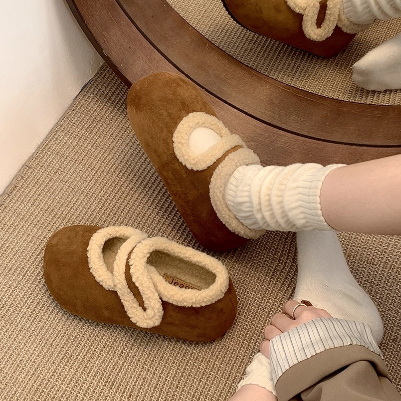 魔术贴平底中口勃肯鞋棉鞋女款2025新款冬季加绒玛丽珍毛毛女鞋子 - 图1