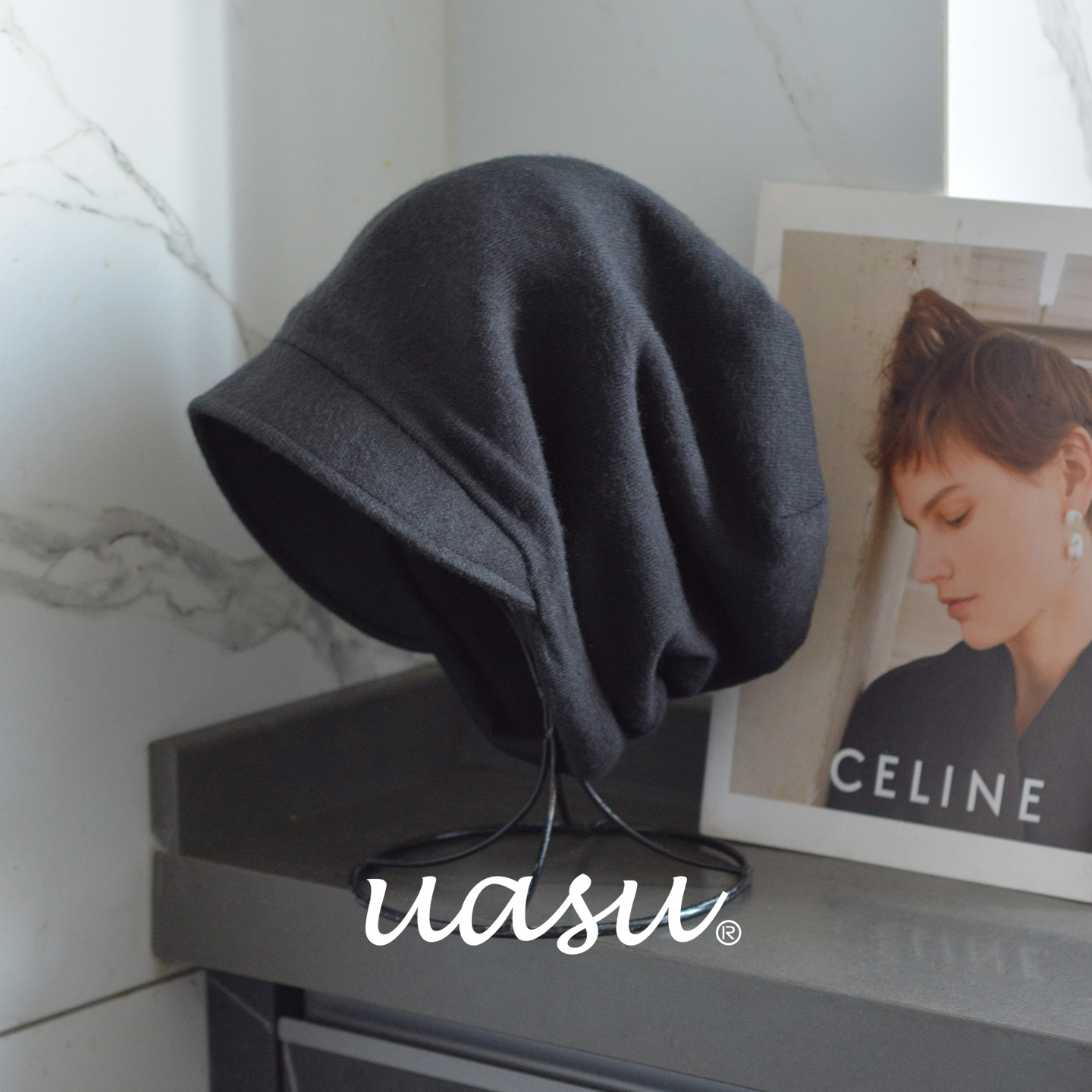 新款带沿堆堆帽显脸小羊毛混纺针织帽黑色秋冬女帽加绒护耳贝雷帽 - 图0