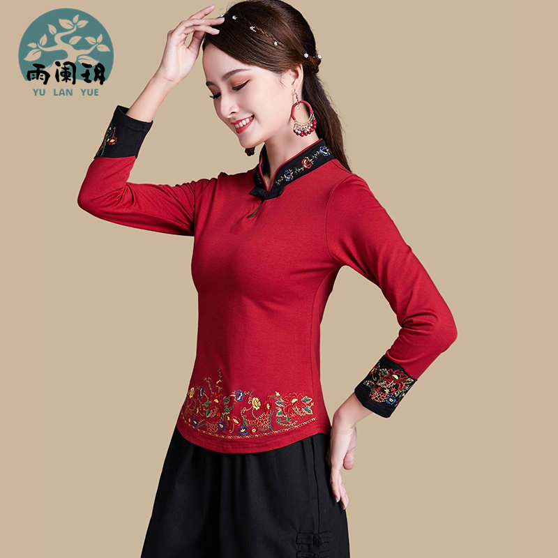 民族风长袖加绒保暖绣花打底衫 冬季立领中国风盘扣上衣刺绣t恤女,淘宝优惠券,粉丝福利购,淘宝优惠卷