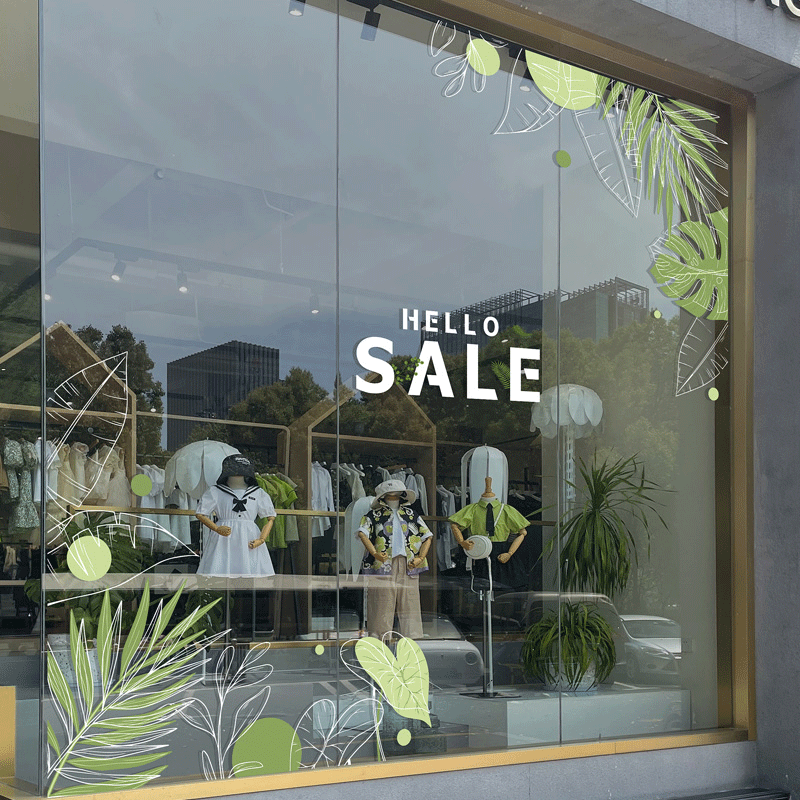 夏天装饰玻璃贴纸绿色植物商场女装服装珠宝店橱窗氛围布置墙贴画 - 图0