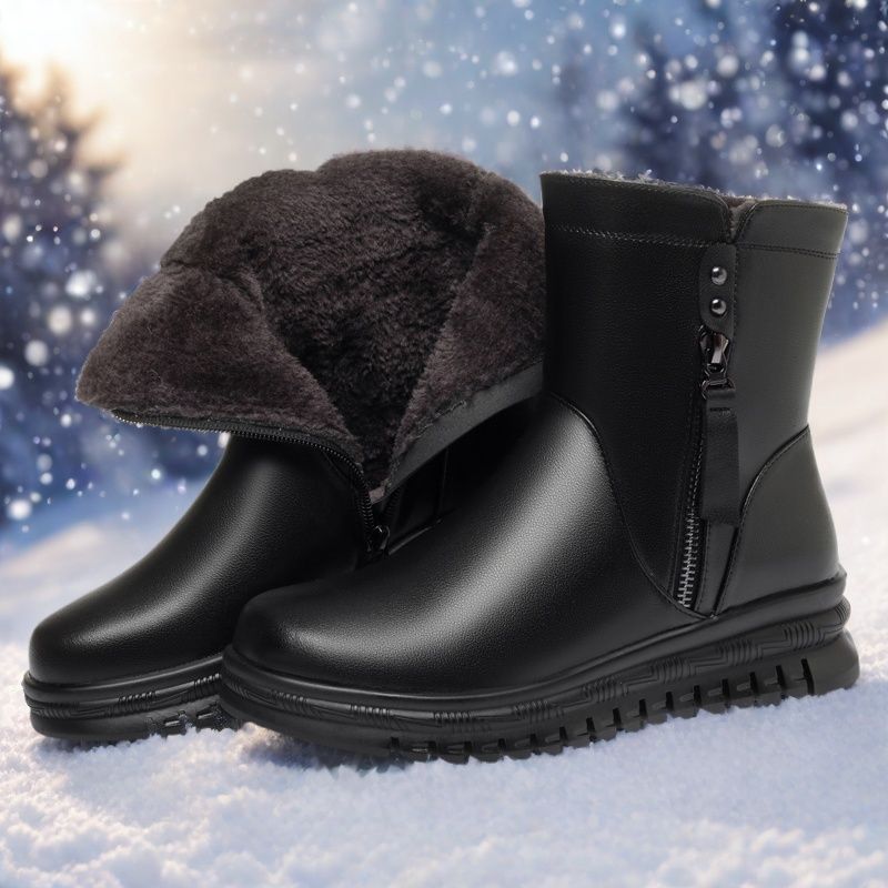 新款中筒靴中老年人短靴女冬季加绒保暖真皮靴子平底软底防滑棉鞋 - 图0