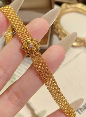 意大利工艺米兰尼斯表带玫瑰花手链轻奢复古缎带镶钻山茶花腕带