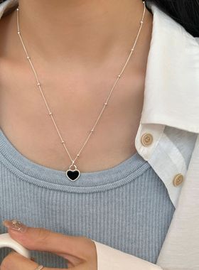 S925纯银黑色滴胶爱心项链女甜酷韩国ins风小众设计高级感锁骨链