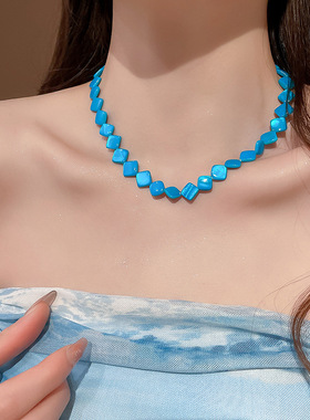 法式复古钛钢菱形贝壳项链夏日清新蓝色串珠锁骨链网红度假配饰女