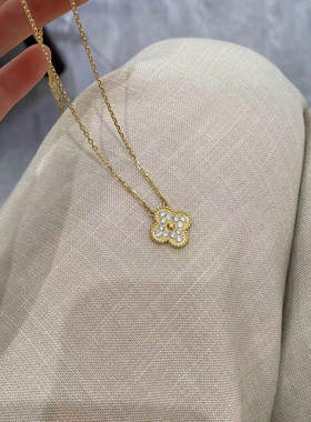 18K项链女黄白金色镭射四叶草