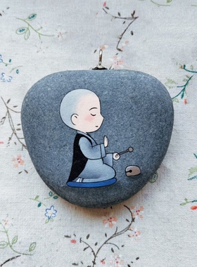 创意石头画小和尚一禅爱心形静心石画创意摆台生日礼物私人定制品