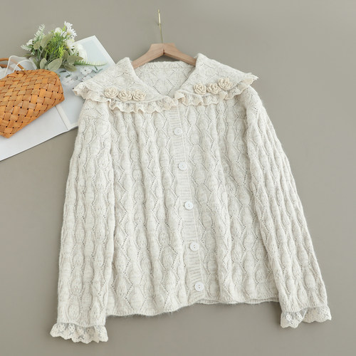 新款翻领立体花朵翻领针织开衫女宽松百搭小清新减龄长袖毛衣外套 - 图0