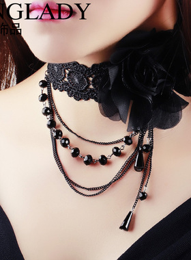蕾丝原创手工黑色花朵流苏项链
