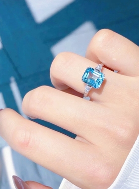 培育高碳钻海蓝宝925纯银戒指女轻奢时尚新款方形彩宝4ct钻戒婚戒