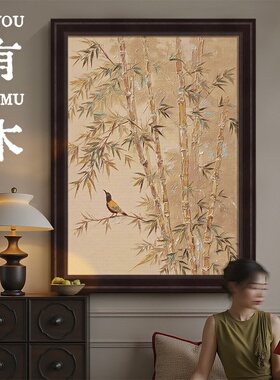 宋风手绘竹报平安油画客厅玄关