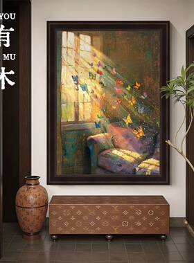 蝴蝶手绘油画中古风美式复古客厅卧室肌理画高级感装饰画玄关挂画