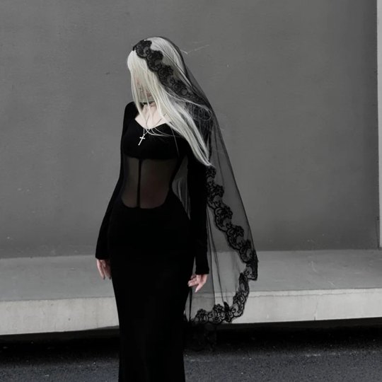 Velo de encaje negro disfraz de Halloween tocado Y2k gótico Virgen María fantasma novia malla accesorios para el cabello monja