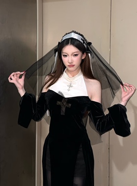 万圣节cos修女头纱黑色蕾丝发带女仆头饰暗黑哥特lolita恶魔发饰