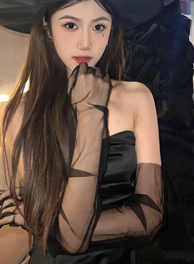 性感黑色网纱长手套万圣节暗黑天使晚礼服配饰结婚写真拍照道具
