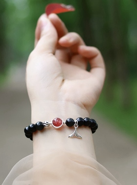天然黑曜石礼物纯银百搭情侣手链