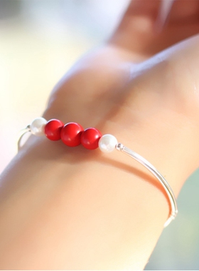 原创淡水珍珠亲子朱砂手链女银管手镯送妈妈儿童简约宝宝亲子饰品