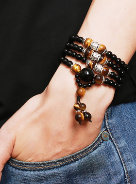 乌金黑曜石多圈森系学生佛珠手链