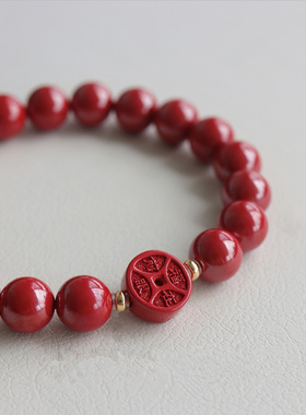 原创帝王朱砂手链女红色转运珠福在眼前本命年佛珠男单圈手串饰品