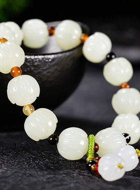 手工雕刻新疆和田玉黄口料浅黄精品玉莲花好运连连手链31克