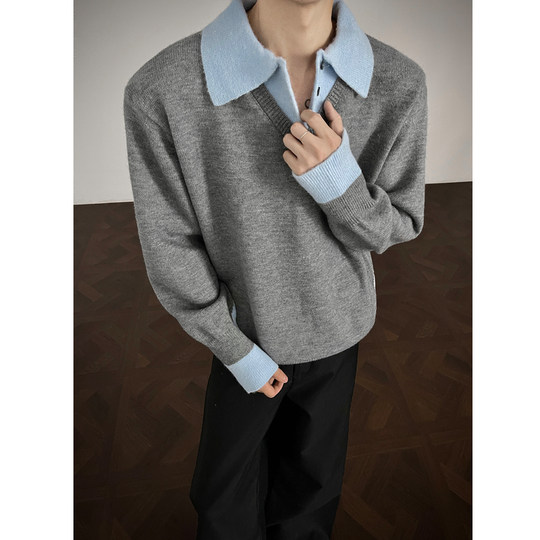 Old money style fake two piece sweater for men winter thickened and warm