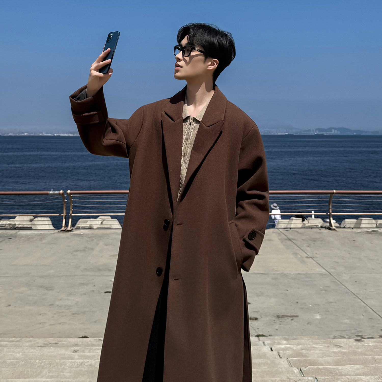 秋冬季过膝毛呢大衣男中长款高级感英伦风加厚系带呢子风衣外套男,淘宝优惠券,粉丝福利购,淘宝优惠卷