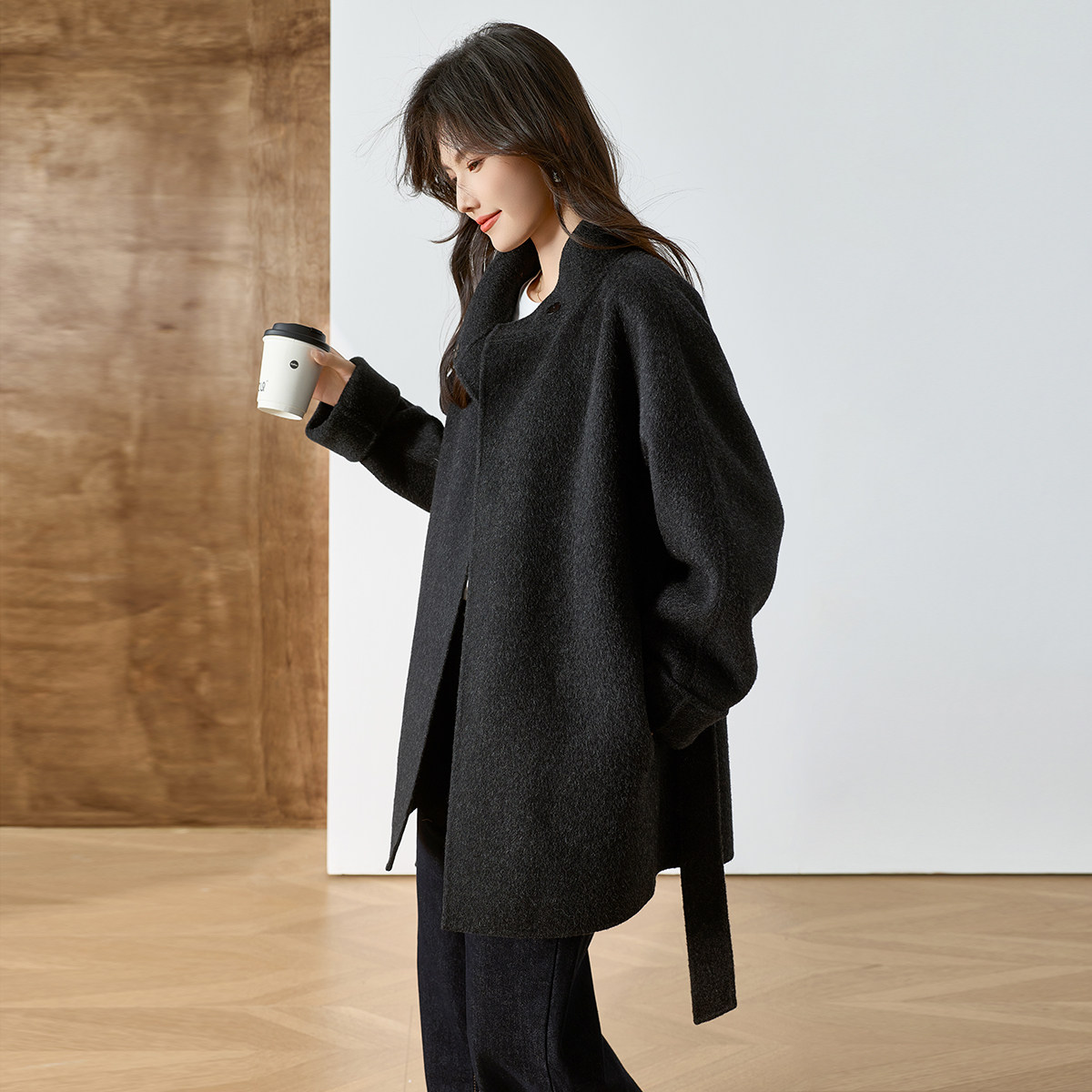 3S女装2025冬季新款100%绵羊毛呢大衣女中长款双面呢外套极简风,淘宝优惠券,粉丝福利购,淘宝优惠卷