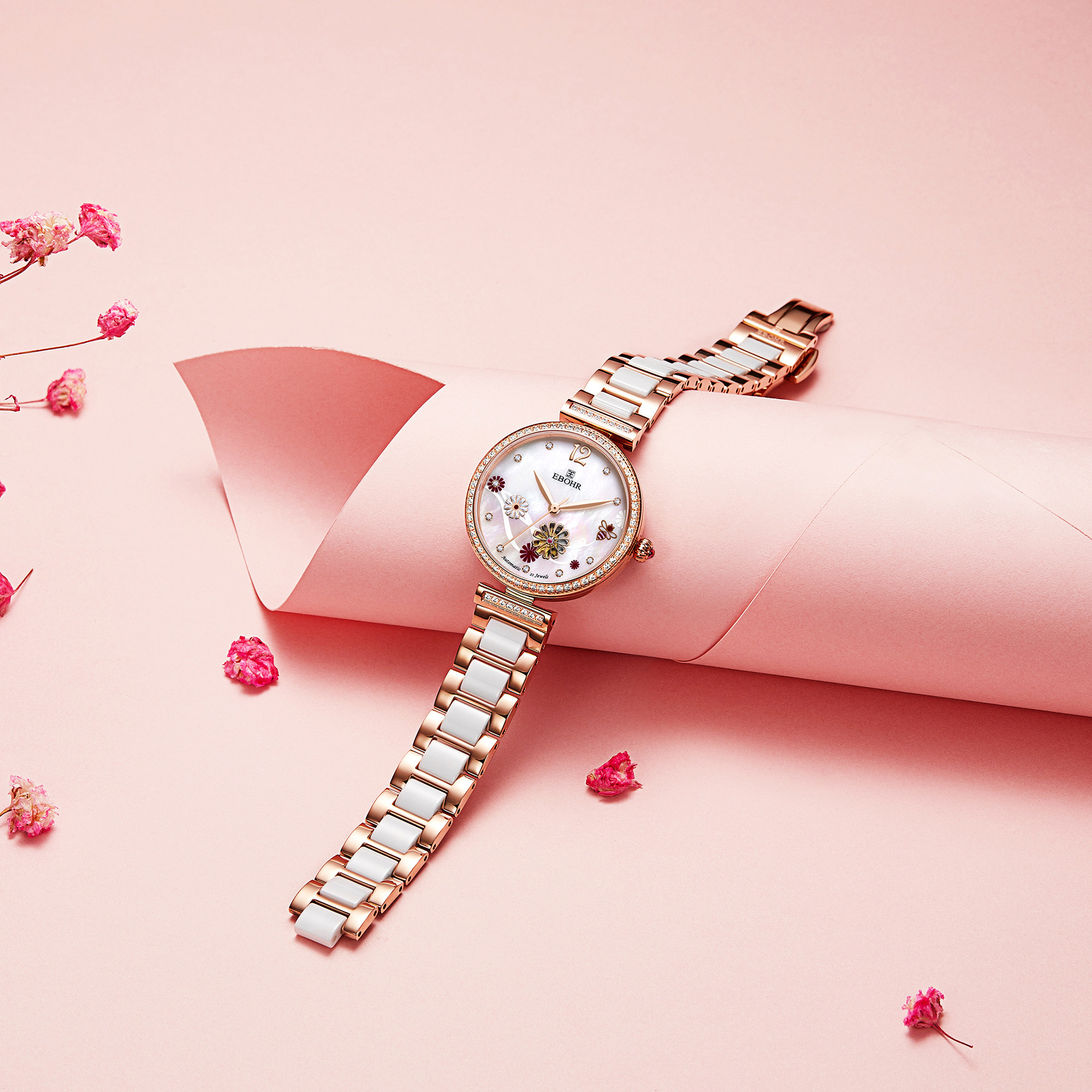 依波ebohr女士镂空时尚钢带机械表 依波手表国产腕表