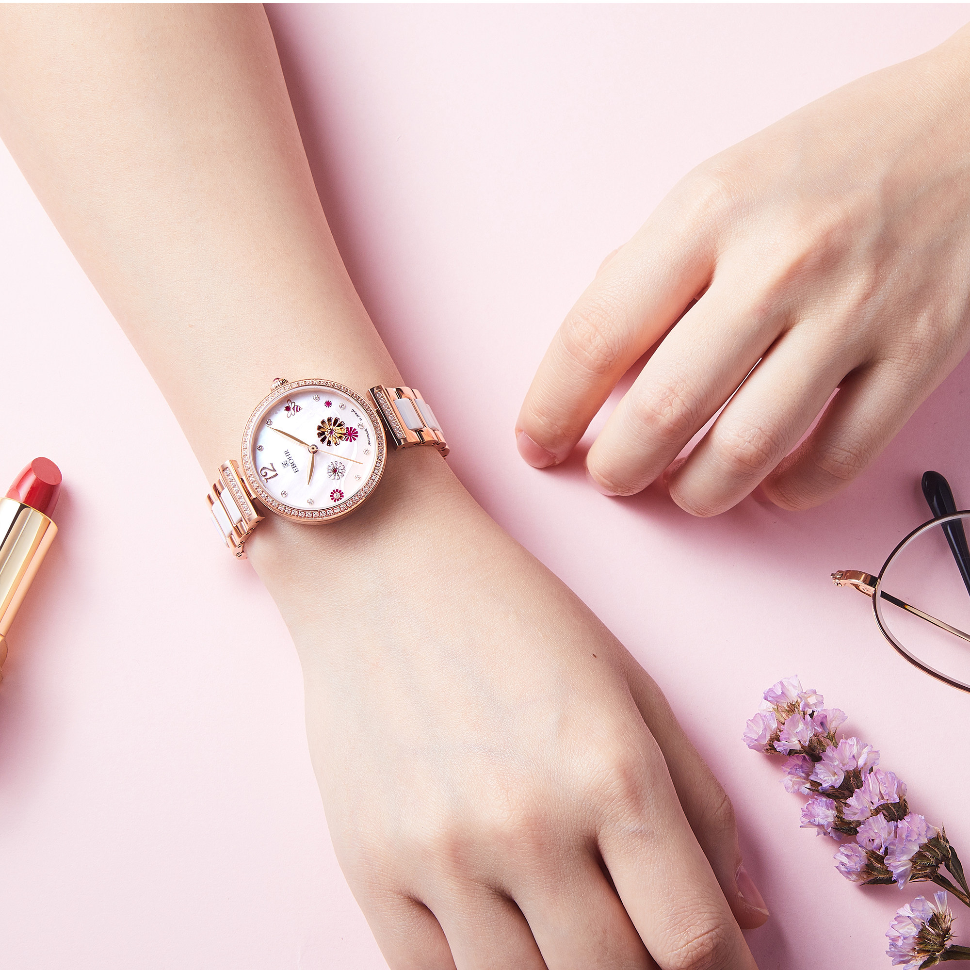 依波ebohr女士镂空时尚钢带机械表 依波手表国产腕表