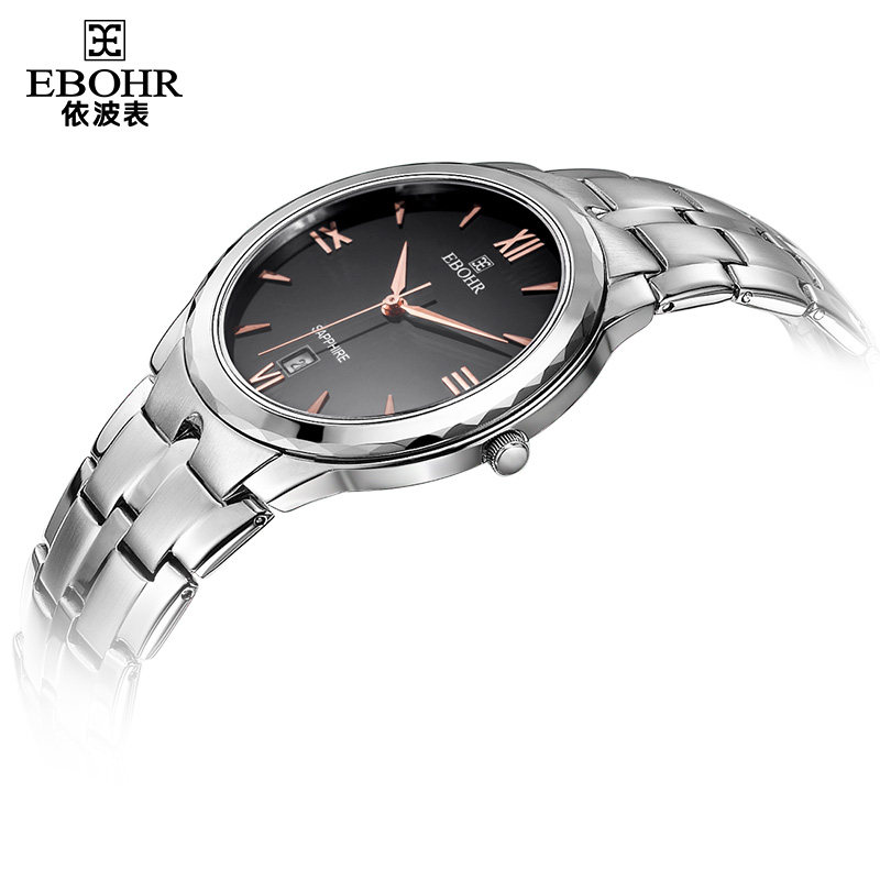 依波手表正品钢带男表耐磨钨钢石英表黑盘日历圆形腕表防水0240
