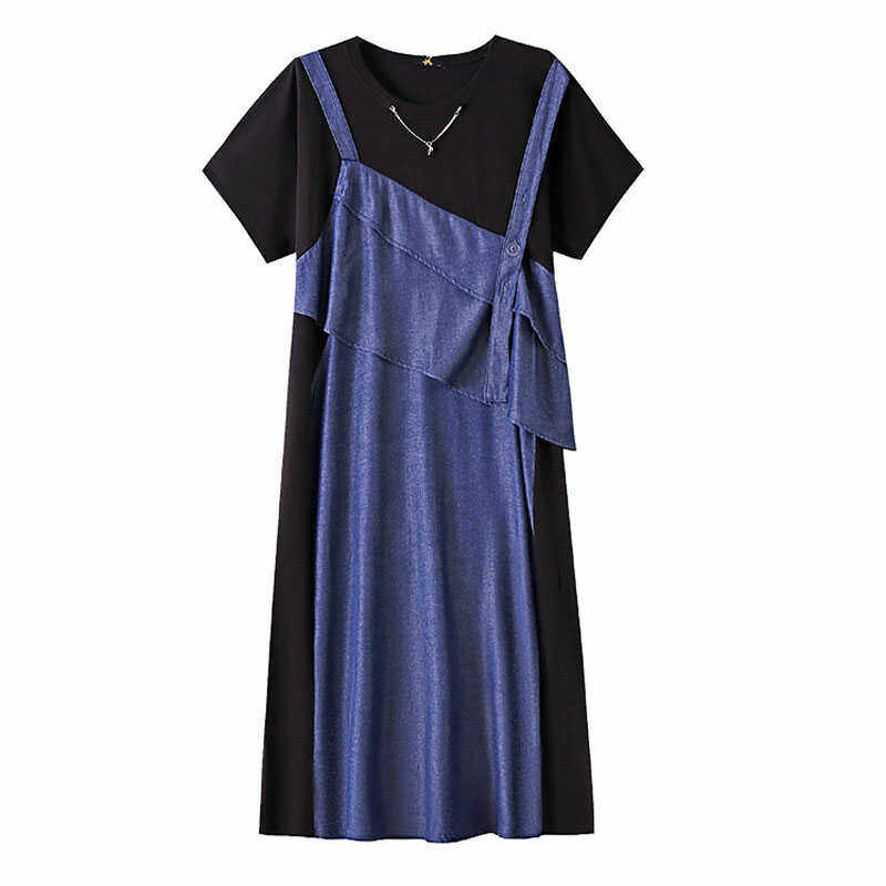 300斤特大码假两件连衣裙女夏季胖mm妹妹收腰显瘦圆领A字背心裙子