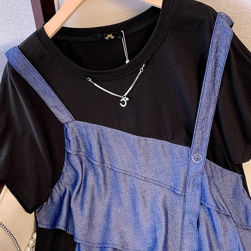 300斤特大码假两件连衣裙女夏季胖mm妹妹收腰显瘦圆领A字背心裙子