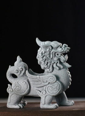 吉祥旺宅麒麟摆件青砂石一对新中式家居玄关茶桌鱼缸造景园艺摆件