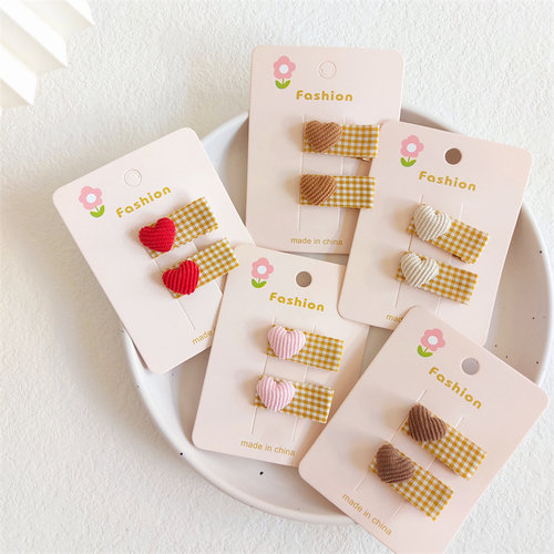 女孩手工全包布爱心发夹一对儿童不伤发品质优雅刘海边夹鸭嘴发卡 - 图0