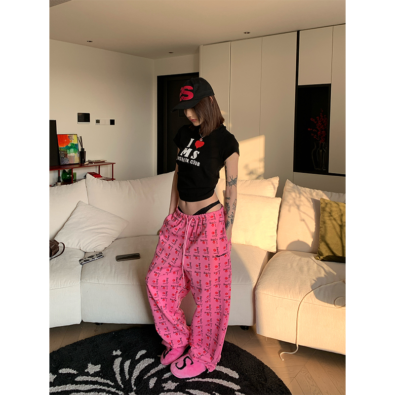 JMJ 2025春季新款美式趣味狗爪满印休闲裤男女宽松直筒休闲阔腿裤 - 图1