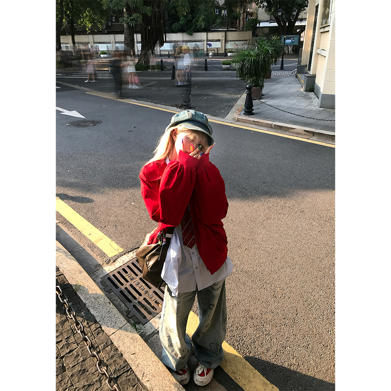 JMJ 美式复古廓形翻领工装夹克男女春秋宽松休闲潮流多巴胺外套 - 图2