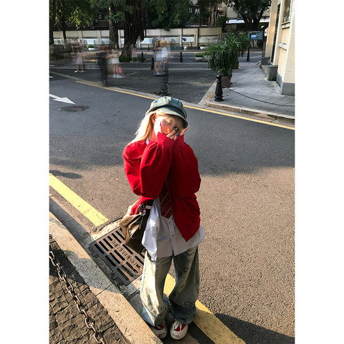 JMJ 美式复古廓形翻领工装夹克男女春秋宽松休闲潮流多巴胺外套 - 图2