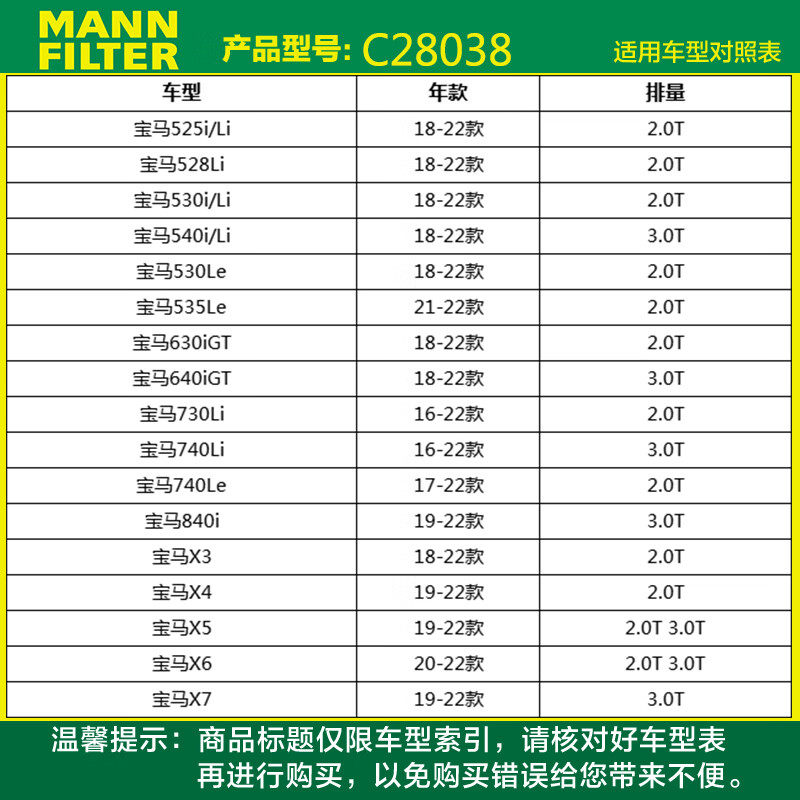 曼牌空气滤清器芯格C28038适合宝马525 528530 535 640 730X3X5X6