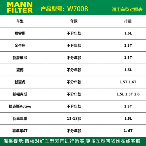 曼牌W7008被W7150替代 机油滤芯适用新福克斯/S40/S60翼虎嘉年华 - 图0