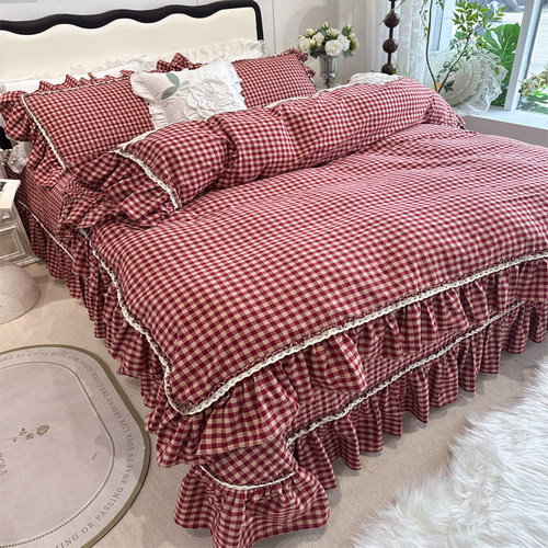 红色格子复古风全棉水洗棉四件套床盖夹棉纯棉花边被套结婚房床品 - 图3