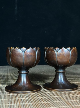 古玩杂项旧藏黄铜莲花烛台摆件