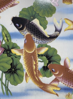 红木镶瓷板画荷花鱼富贵有余