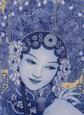 花梨木镶青花人物鎏银花旦挂屏