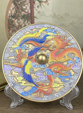 古玩杂项旧藏老铜镶青花龙凤摆件