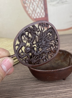 古玩杂项旧藏老紫檀木雕刻龙纹扇